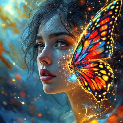 The primary subject of the image is a woman with a butterfly on her face. The woman is the main focus of the image, and the butterfly is a prominent feature in the scene. The setting is a dark background, which contrasts with the bright colors of the butterfly. The visual style of the image is a combination of photo and digital art, creating a unique and eye-catching representation of the woman and the butterfly. The colors and mood of the image are vibrant and lively,